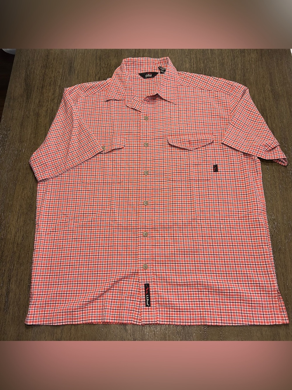 LL Bean Outdoors Plaid Short Sleeve Button Down Shirt Red White Blue Men Large
